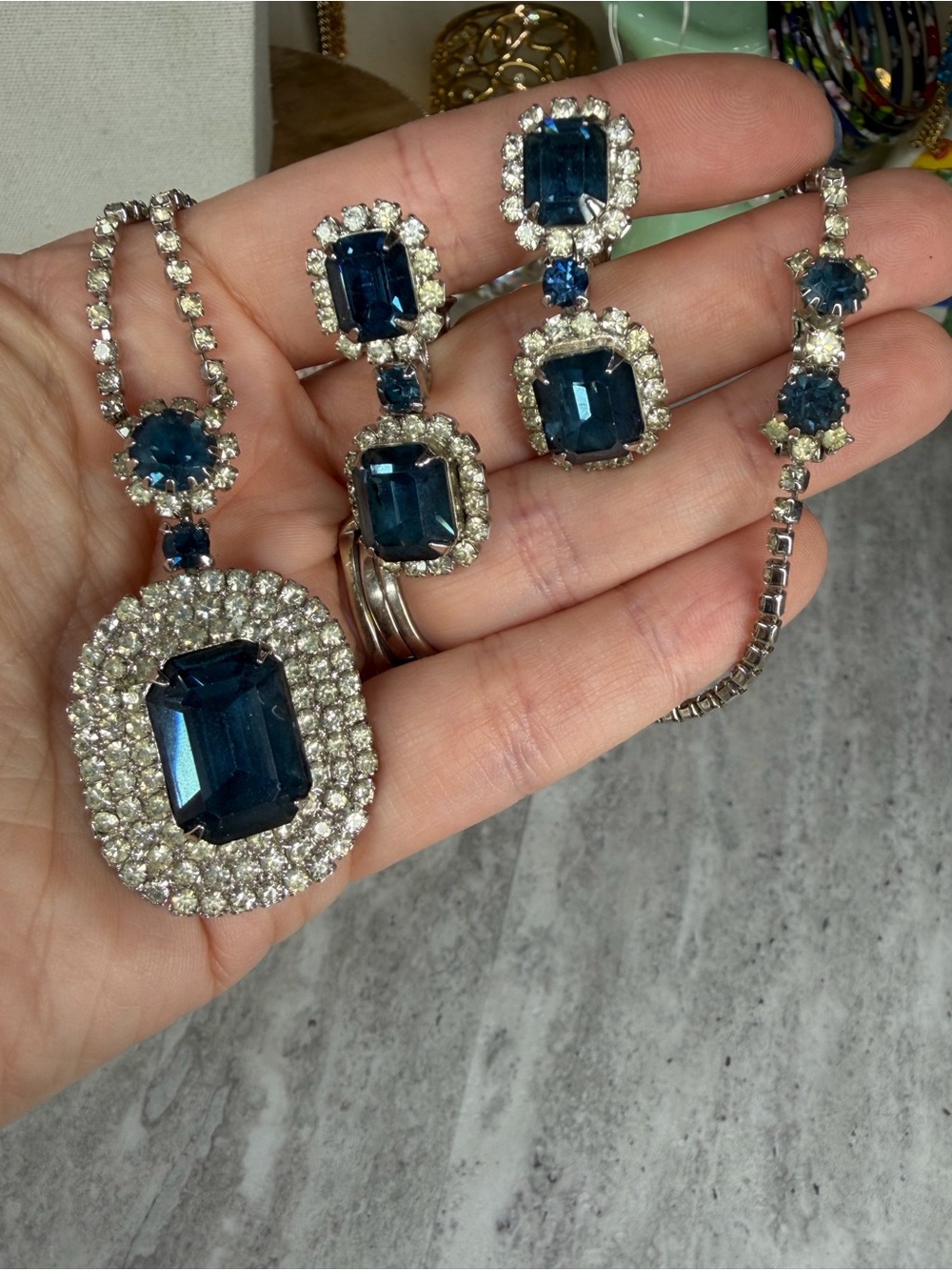 Vintage Emerald Cut Blue Glass Stone Necklace Clip Earring Set Pave Rhinestone